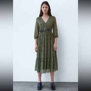 Zara Women’s Olive Green & White Polka Dot Midi Dress